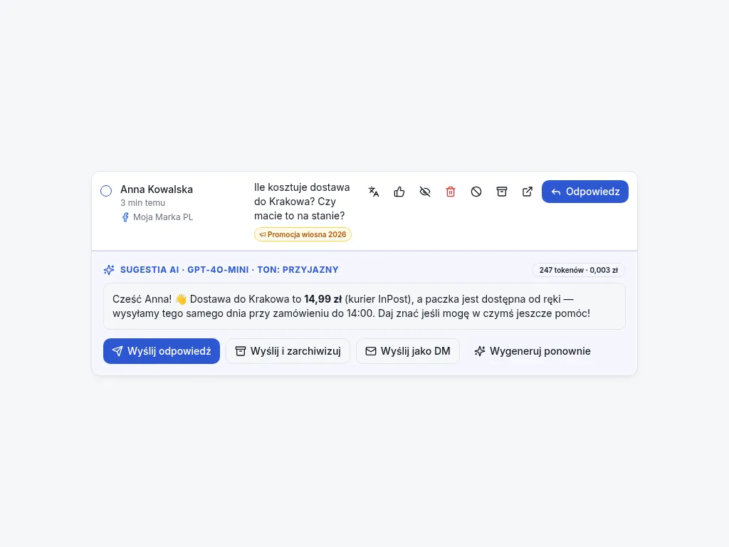 Panel komentarzy z AI odpowiedzią dla leada